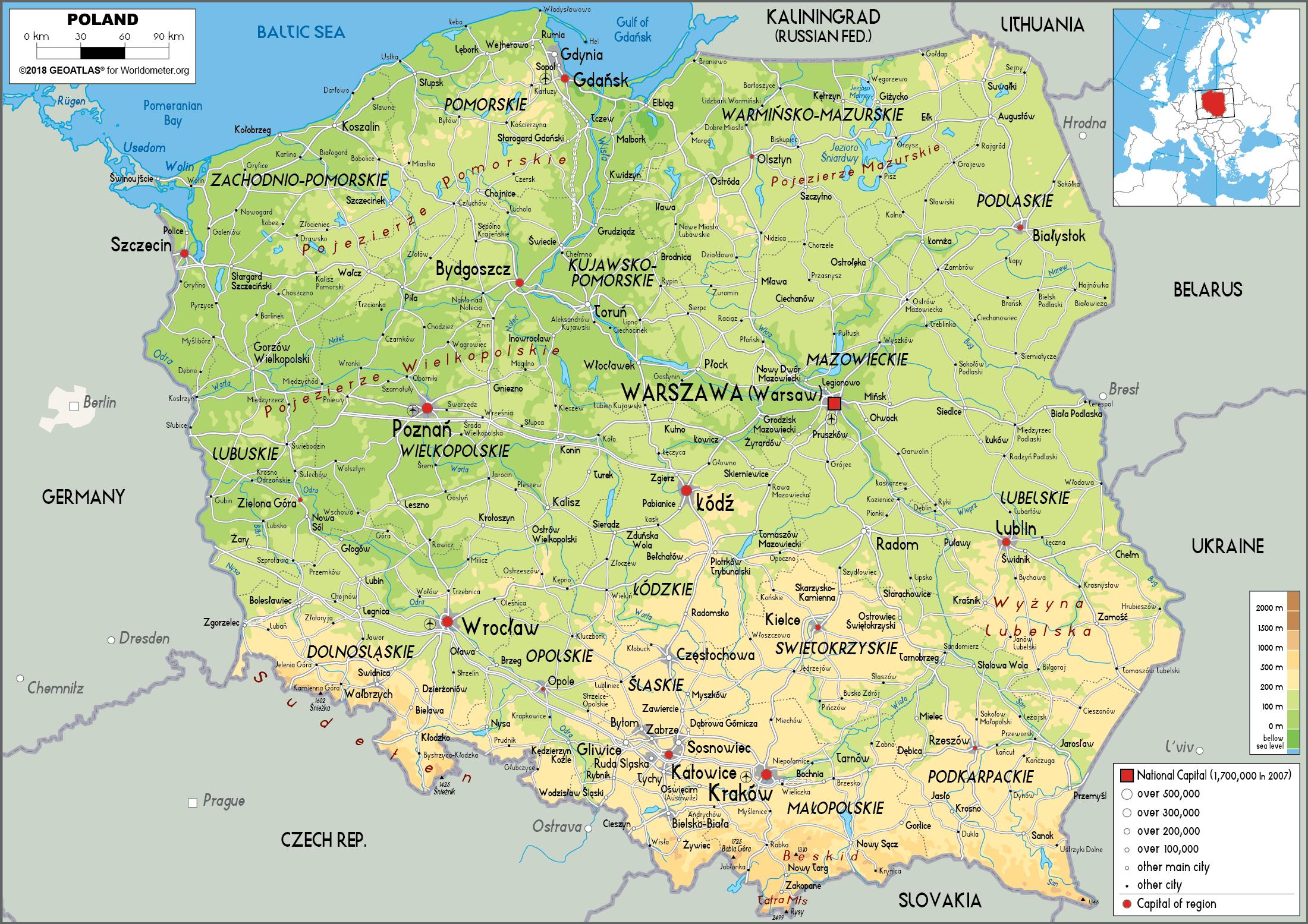 karta poljske Fizička karta Poljska   karta Poljske physcal (Istočna Europa  karta poljske