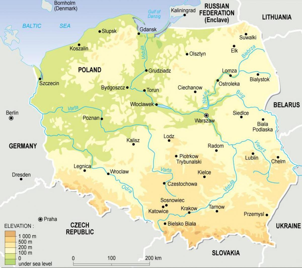 Poljska topografski kartica - topografski karta Poljske (Istočna Europa